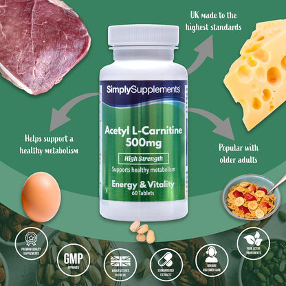 Acetil L-Carnitina 500 mg - 60 Compresse - Adatto ai vegani - 2 mesi di durata - SimplySupplements