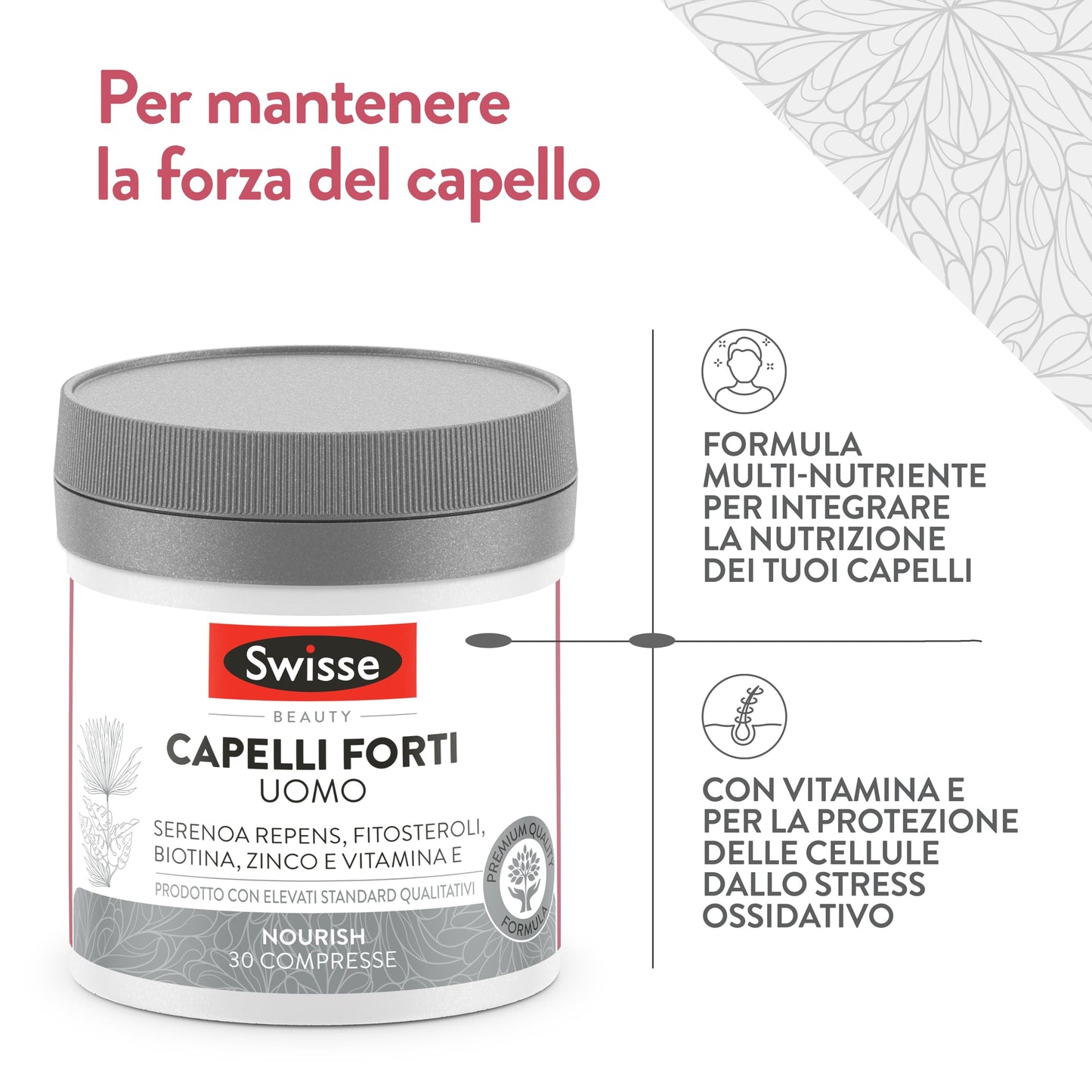 Swisse Capelli Forti Uomo, Integratore Alimentare che Combina Vitamine, Minerali e Ingredienti di Origine Naturale, Utili per Mantenere la Forza del Capello, 30 Compresse da 1250 mg