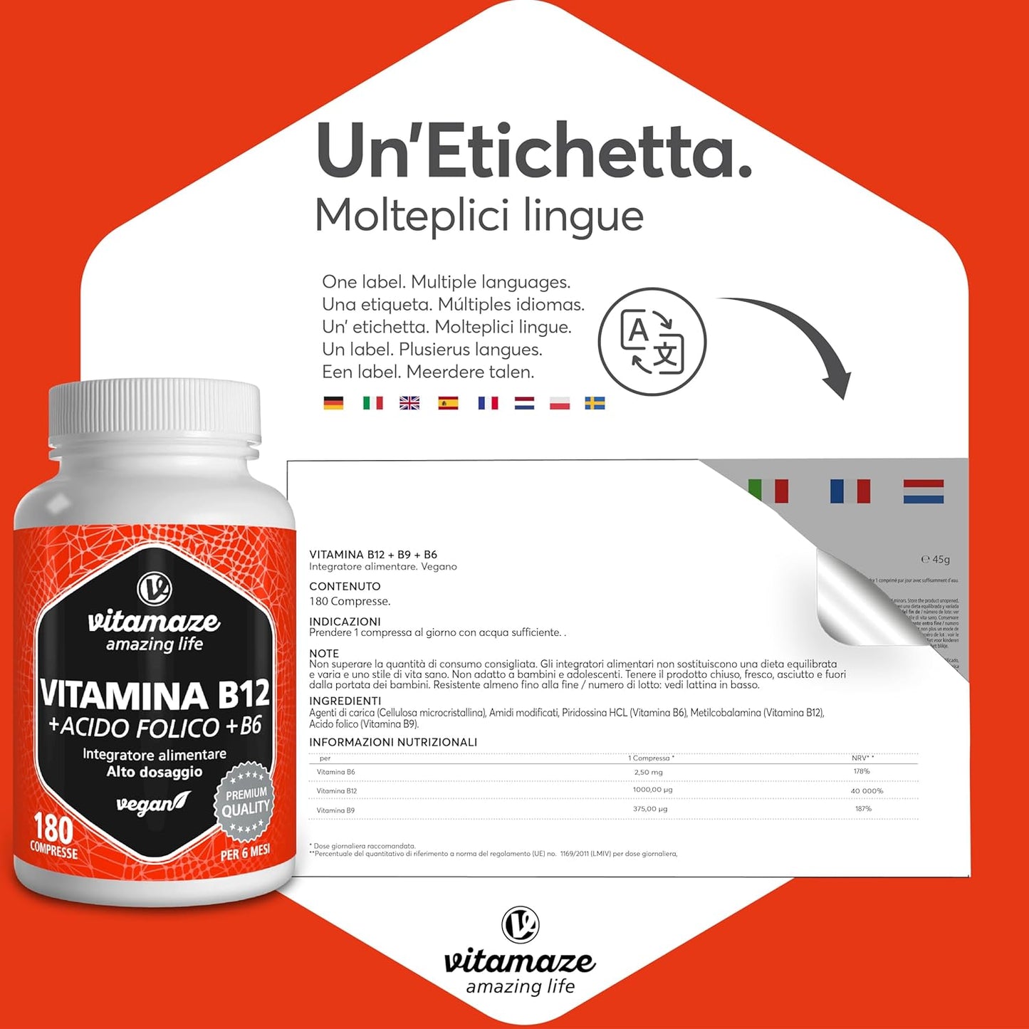 Vitamina B12 1000 mcg + 375 mcg Acido Folico + Vitamina B6 ad alto Dosaggio (6 mesi di trattamento) 180 Compresse Vegan, Qualità Tedesca. Vitamaze®