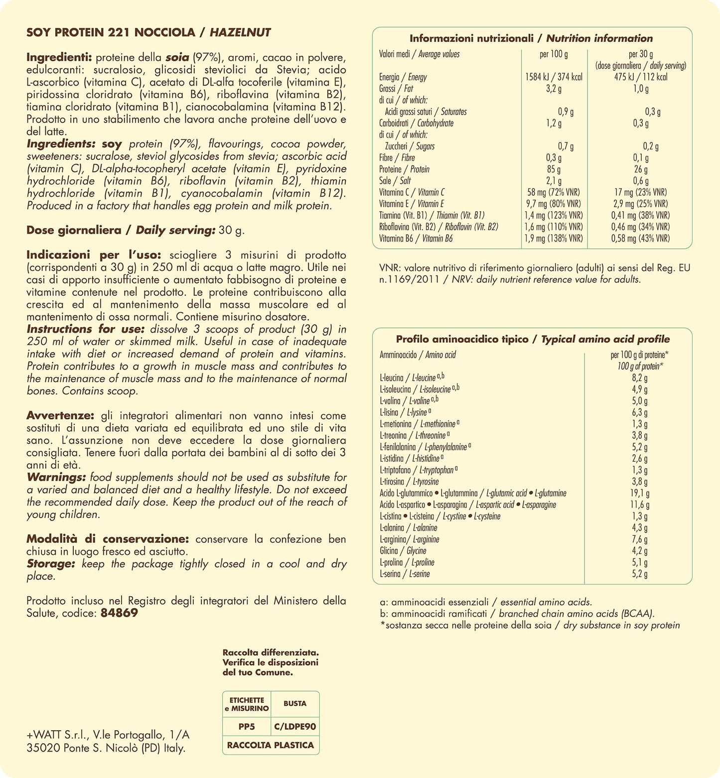 +WATT SOY PROTEIN 221 750 GR Nocciola