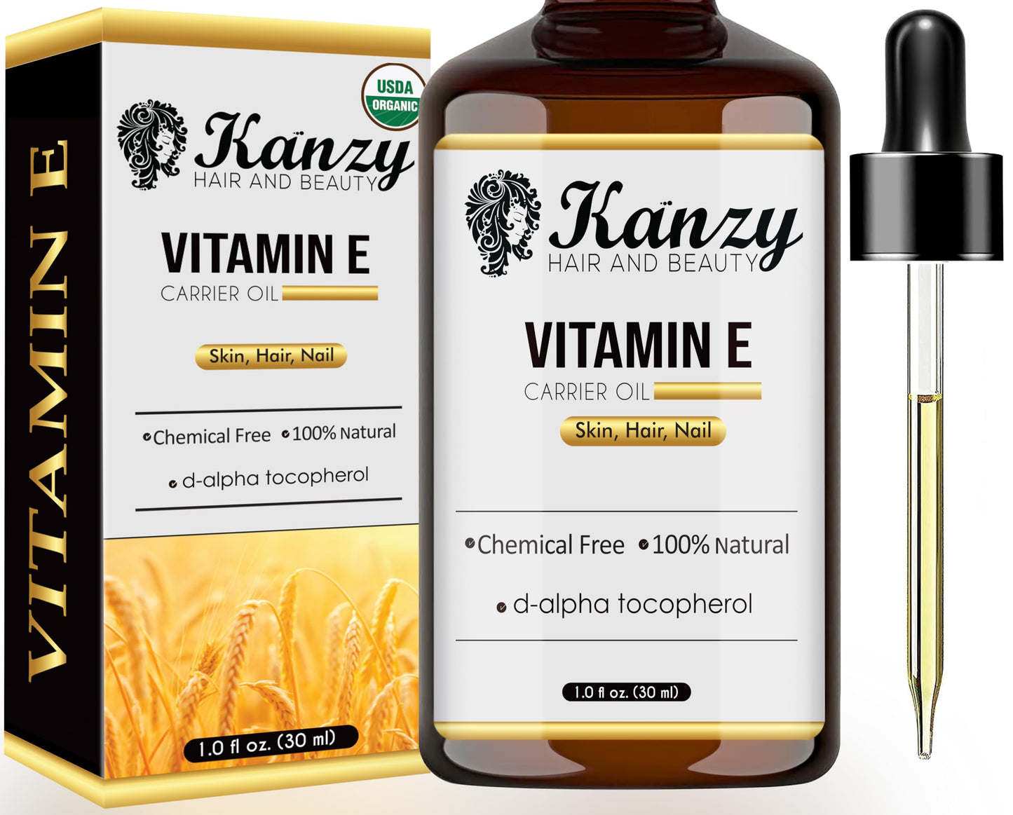 Kanzy Olio di Vitamina E per il Viso, Capelli, Unghie e Pelli 100% Naturale d-Alfa-Tocoferolo, 60 ml Vitamin E Oil Olio Antietà Contro le Rughe Olio ideale per Uomini e Donne