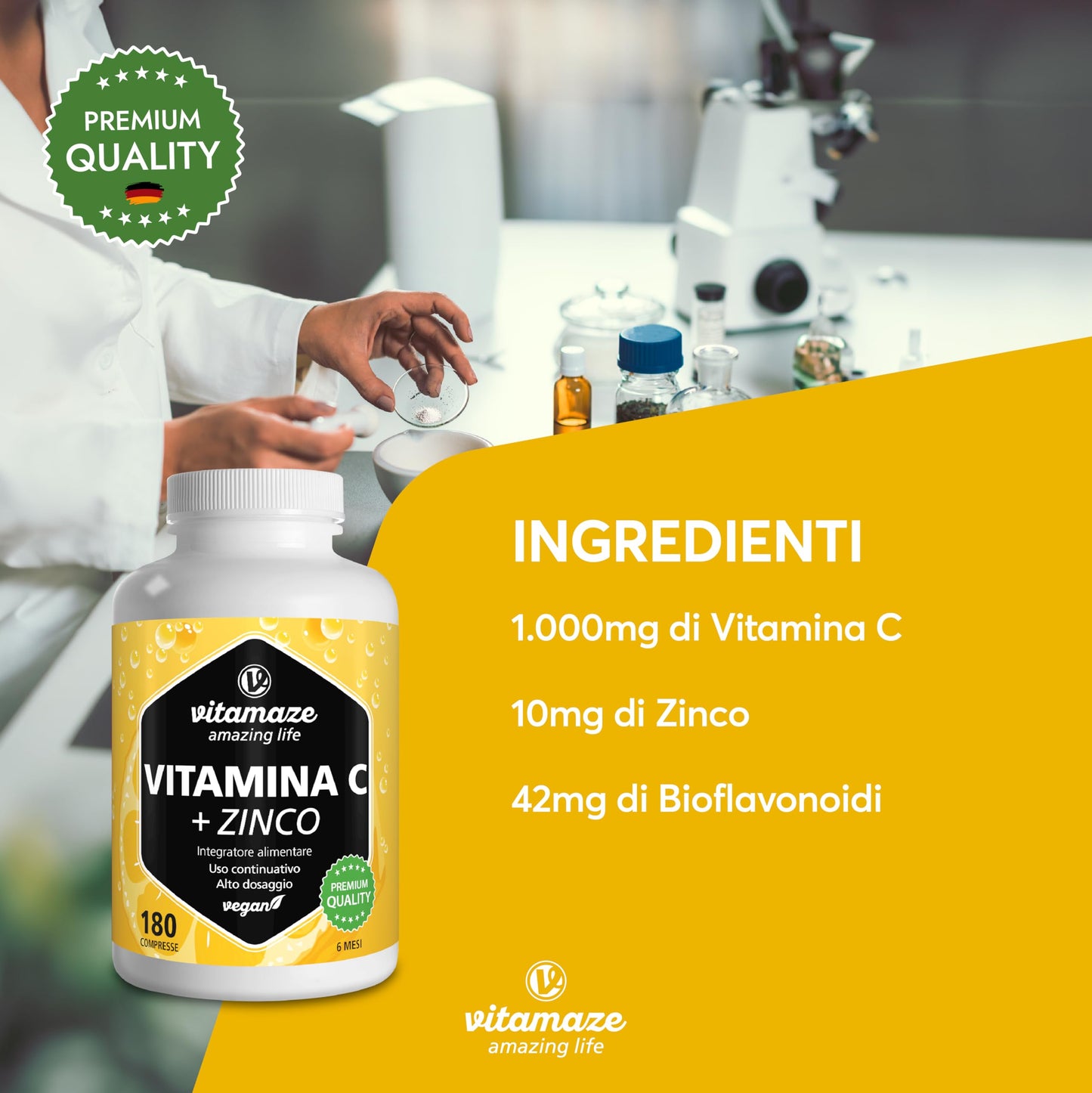 Vitamina C 1000mg (1 Anno) + Zinco + Bioflavonoidi, 360 Compresse, 1 Compresse per Giorno, Vegan Vitamina C Pura Dose Forte, Qualità Tedesca, Integratore Alimentare senza Additivi. Vitamaze®