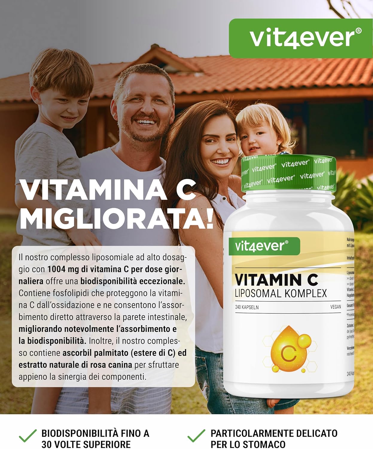 Vitamina C liposomiale - 240 capsule vegane - Premium: altamente dosata con 1000 mg di vitamina pura al giorno - Biodisponibilità particolarmente elevata