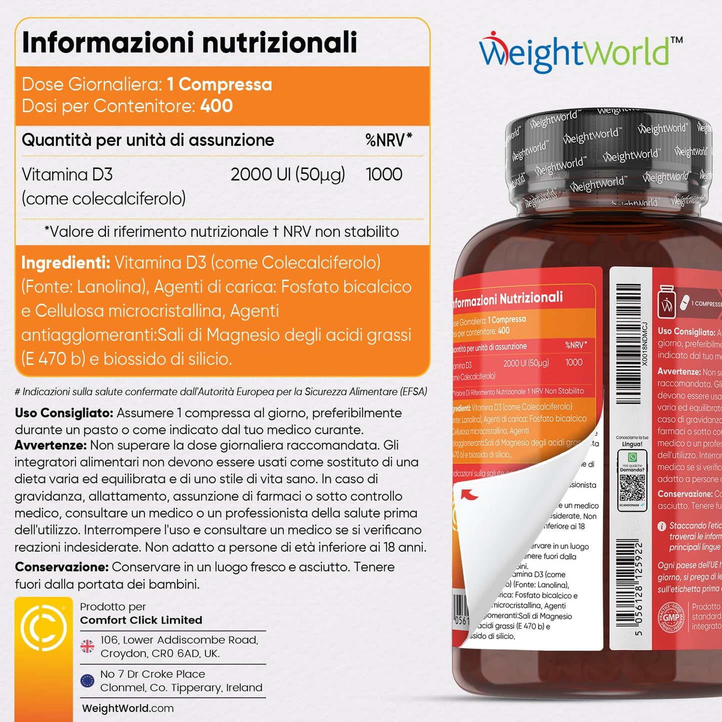 Vitamina D 2000UI (50mcg) per 1 Compressa, 13+ Mesi di Vitamina D3, 400 Compresse di Vitamina D 2000 UI (Colecalciferolo), Ossa, Denti, Muscoli, Sistema Immunitario, Integratore Vitamina D (Vit D)