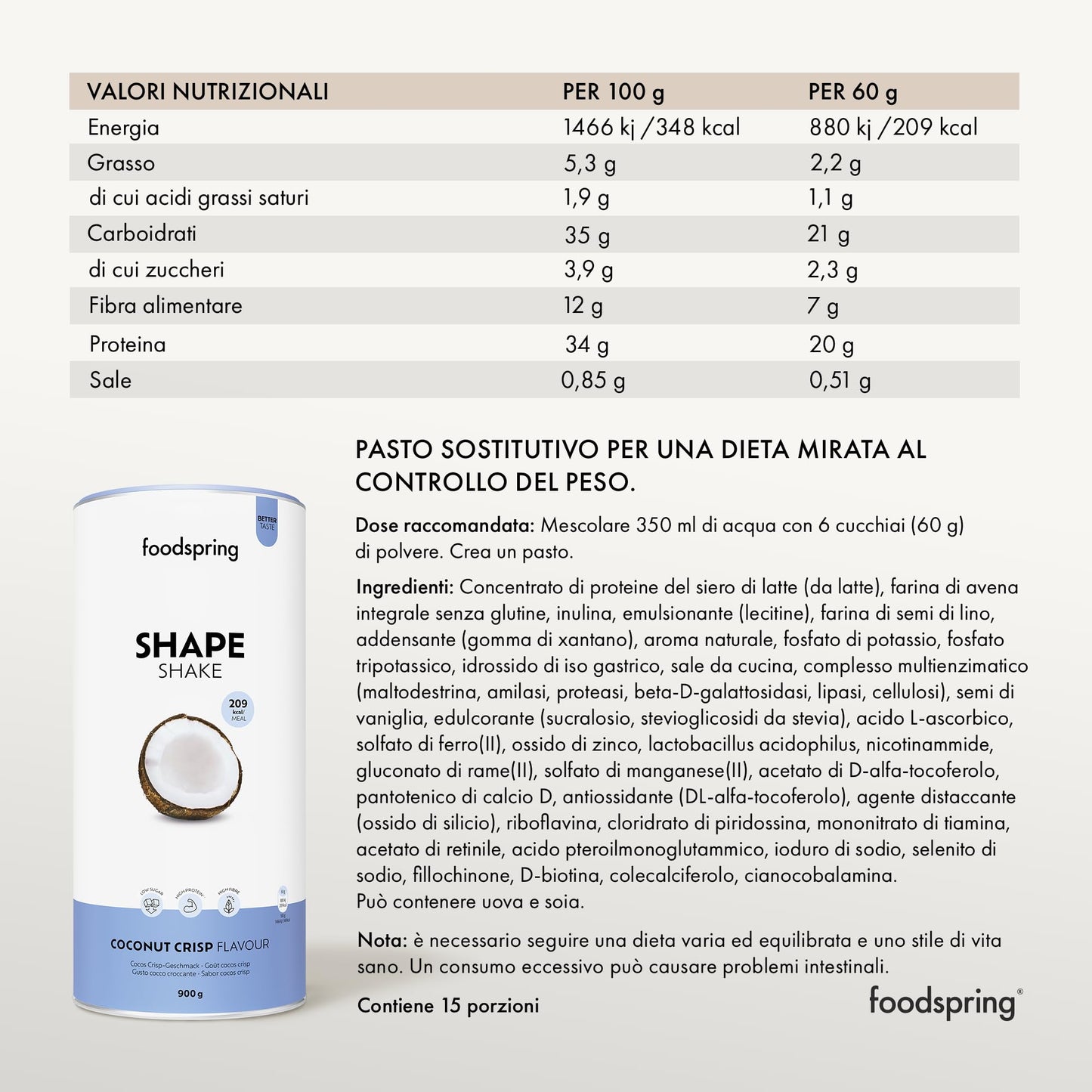 foodspring Shape Shake Bustine Monoporzione, 10 x 60 g, Sostituto pasto per il controllo del peso*, Ricco di proteine, Vitamine e minerali