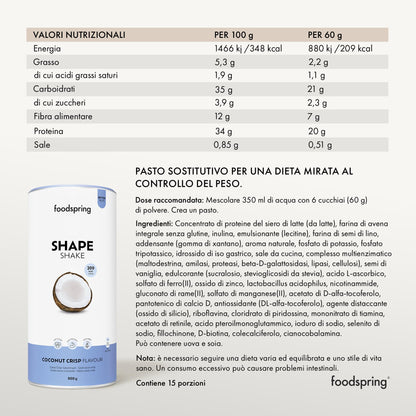 foodspring Shape Shake Bustine Monoporzione, 10 x 60 g, Sostituto pasto per il controllo del peso*, Ricco di proteine, Vitamine e minerali