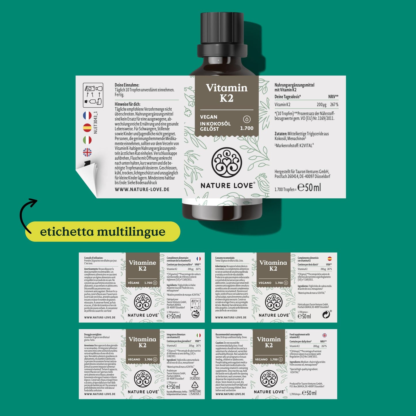 NATURE LOVE® Vitamina K2 MK7-200µg - 1700 gocce (50ml) - Max contenuto all-trans 99,7+% - Alta qualità: K2VITAL® di Kappa - sciolta in olio MCT da cocco - Alto dosaggio, vegana e prodotta in Germania