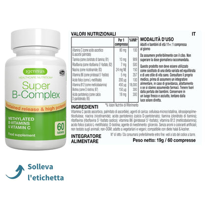 Super B - Vitamina B Complex ad Alto Assorbimento e Rilascio Prolungato,B1,B2,B3,B5 B6,B12, Biotina, Folato e Vitamina C - 60 Compresse Vegane – Igennus