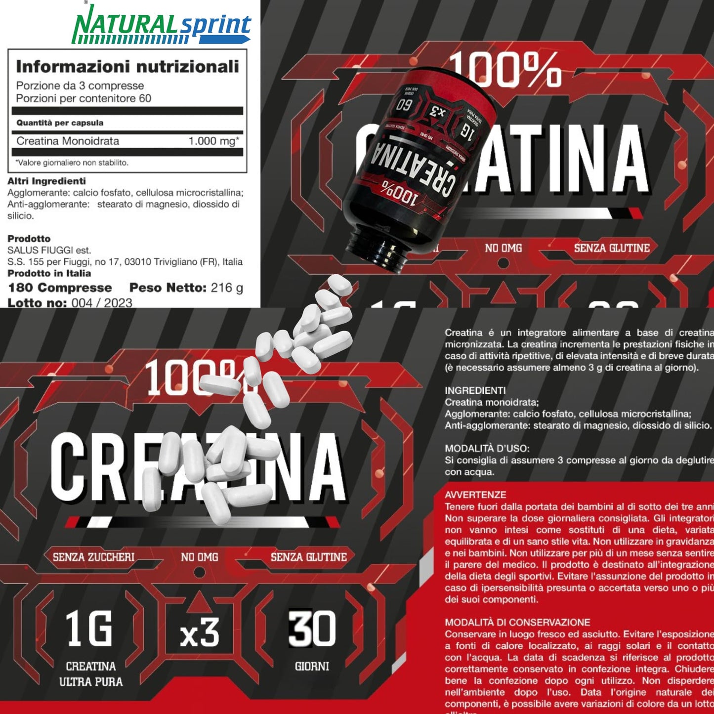 NATURALSPRINT® Creatina 180 compresse -Creatina Pura Micronizzata Monoidrata in compresse - Integratore per massa muscolare boost energetico pre e post workout - Creatine