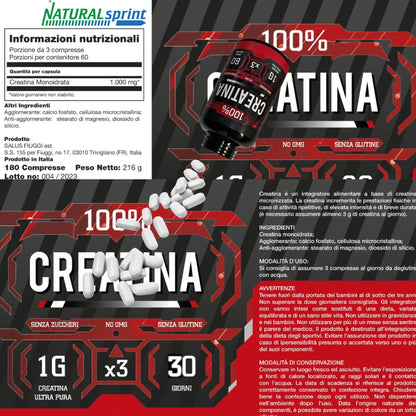 NATURALSPRINT® Creatina 180 compresse -Creatina Pura Micronizzata Monoidrata in compresse - Integratore per massa muscolare boost energetico pre e post workout - Creatine