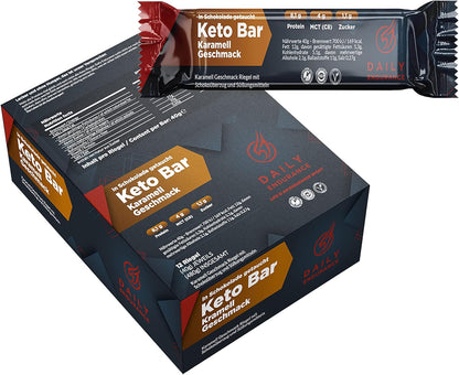 Daily Endurance | Keto Bar | 12 Barrette Proteiche Rivestite di Saccarosio | Miglior Keto in Movimento per Merendine | Barrette Low Carb, Paleo e Keto | Vegane e Sane | 480 g Caramello