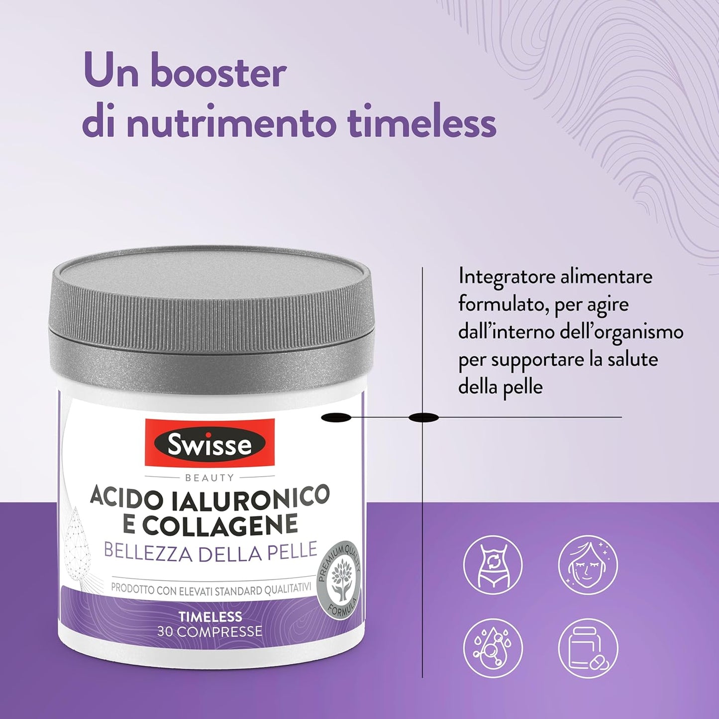 SWISSE Collagene e Acido Ialuronico - Collagene Integratore Donna Uomo con Vitamina C, E, Rame Protegge dallo Stress Ossidativo per Pelle Elastica, Integratori Attenua Rughe 30 Compresse Made in Italy