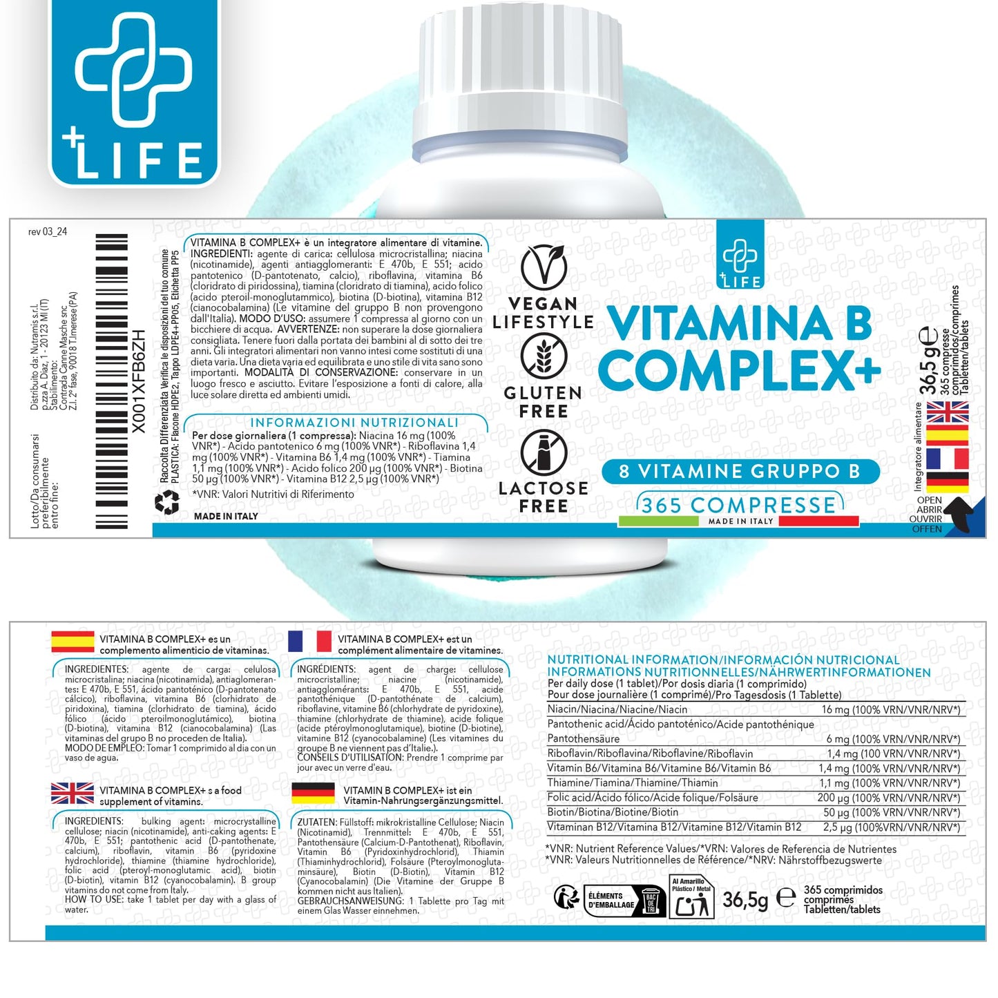 Vitamina B Complex Alto Dosaggio 365 Compresse PiuLife® Vitamina B6 B1 B2 B3 Niacina, B5, B8 Biotina, B9 Acido Folico, Vitamina B12, Vitamine Gruppo B Total Energia Capelli Difese Immunitarie