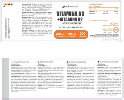 VITAMINA D3 K2 (Dura 1 anno e 4 mesi) 500 Micro-Compresse Alto Dosaggio e Assorbimento I Vitamina D3 Da 50 µg Da 2.000 U.I. + Vitamina K2 Da 100 µg | Senza Glutine, Lattosio, Zuccheri e Soia