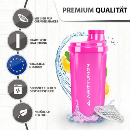 AMITYUNION Shaker per proteine 500 ml Heaven a prova di perdite, senza BPA con setaccio cliccabile e scala per frullati cremosi di siero di latte, shaker per proteine, originale in Rosa