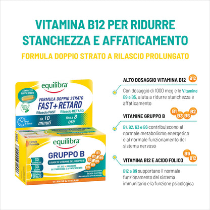 equilibra, Vitamine Gruppo B, Alto dosaggio B12 1000 mcg con Rilascio FAST e Fino a 8 Ore, Vegan, 30 Compresse Doppio Strato, Benessere Fisico-Mentale, Riduce Stanchezza e Affaticamento