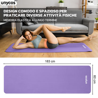 unycos - Tappetino Antiscivolo da Yoga, Pilates e Ginnastica Extra Spesso 10/15 mm, 183x60 cm, Materassino Fitness con Schiuma NBR Confortevole, Tracolla, Borsa ed E-Book di 50 Esercizi