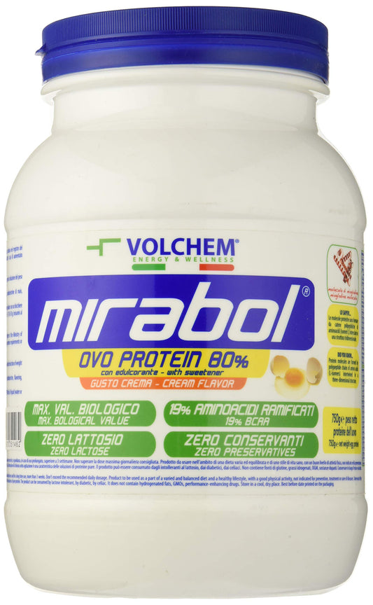 Volchem Mirabol Ovo Protein 80, Integratore Alimentare con Proteine dell'Uovo, 80% Purezza, 19% Aminoacidi Ramificati, Senza Lattosio e Conservanti, Barattolo con Polvere Solubile, Gusto Crema, 750 g