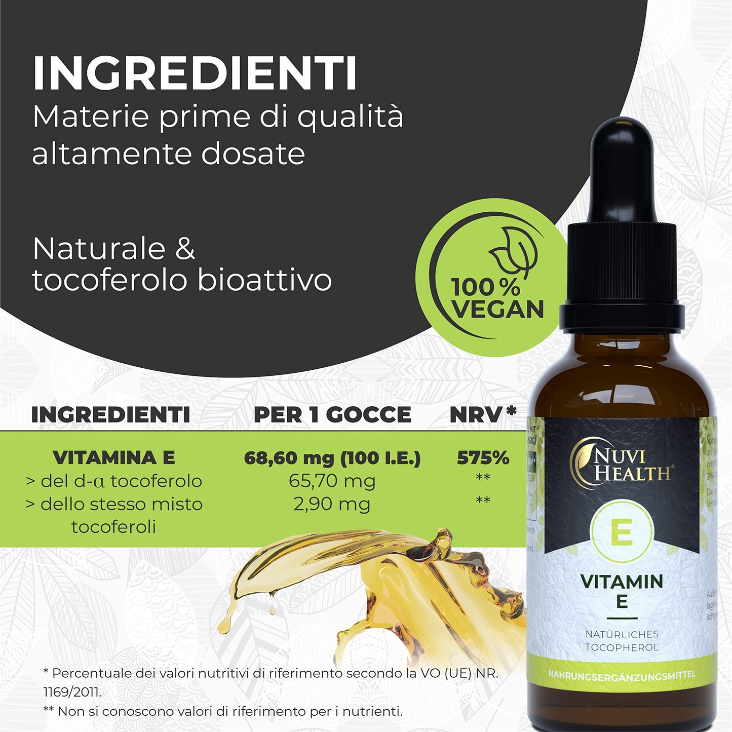 Vitamina E - 100 I.E - 500 gocce = 50 ML - Premium: D-alfa-tocoferolo bioattivo naturale dai semi di girasole - Altamente dosato - Vegan