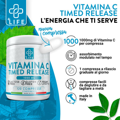 VITAMINA C 1000mg Lento Rilascio Graduale PiuLife® 120 Compresse Integratore Vitamina C Pura Naturale Acido Ascorbico, Antiossidante Naturale Per Sistema Immunitario Vit C 1000mg Rilascio Prolungato