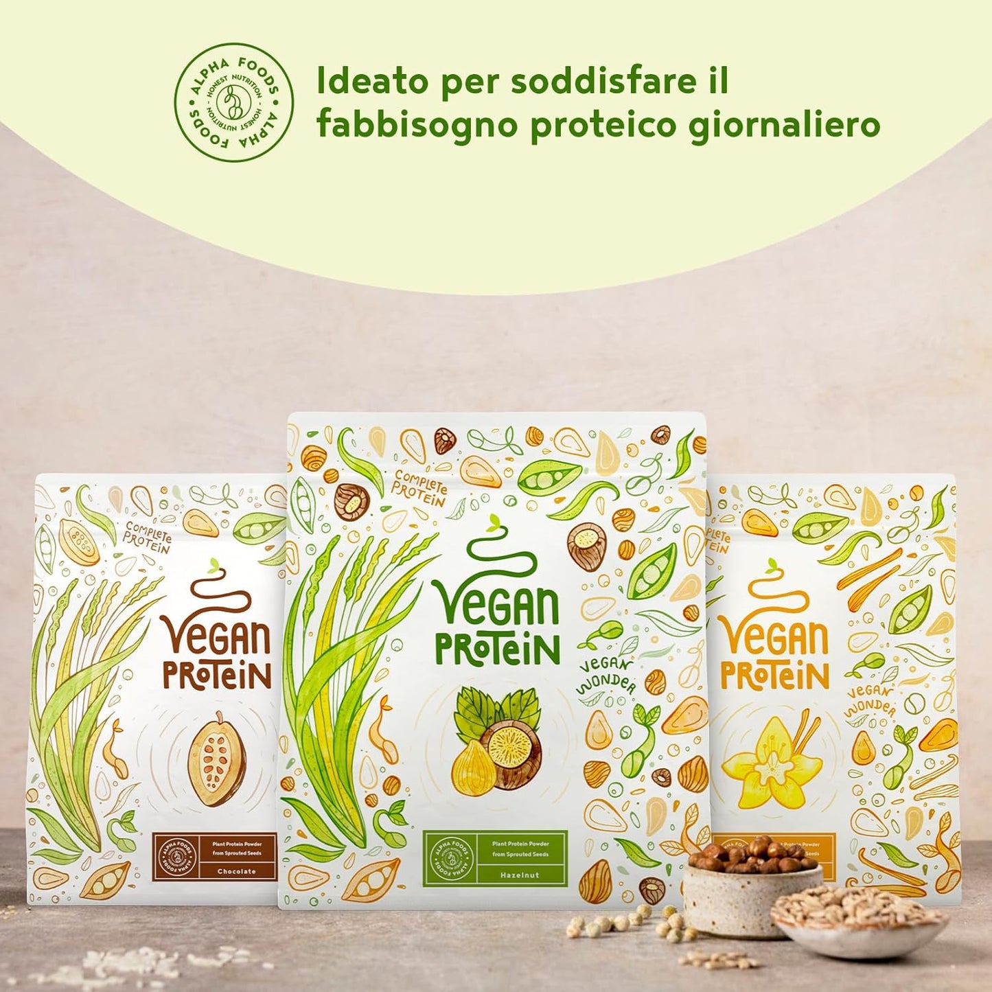 Proteine in Polvere Vegane | Gusto Nocciola | 19g Proteine | Proteine Vegetali Isolate in Polvere di Pisello, Riso e Girasole | Massa Muscolare | 600g Vegan Protein Powder | Alpha Foods