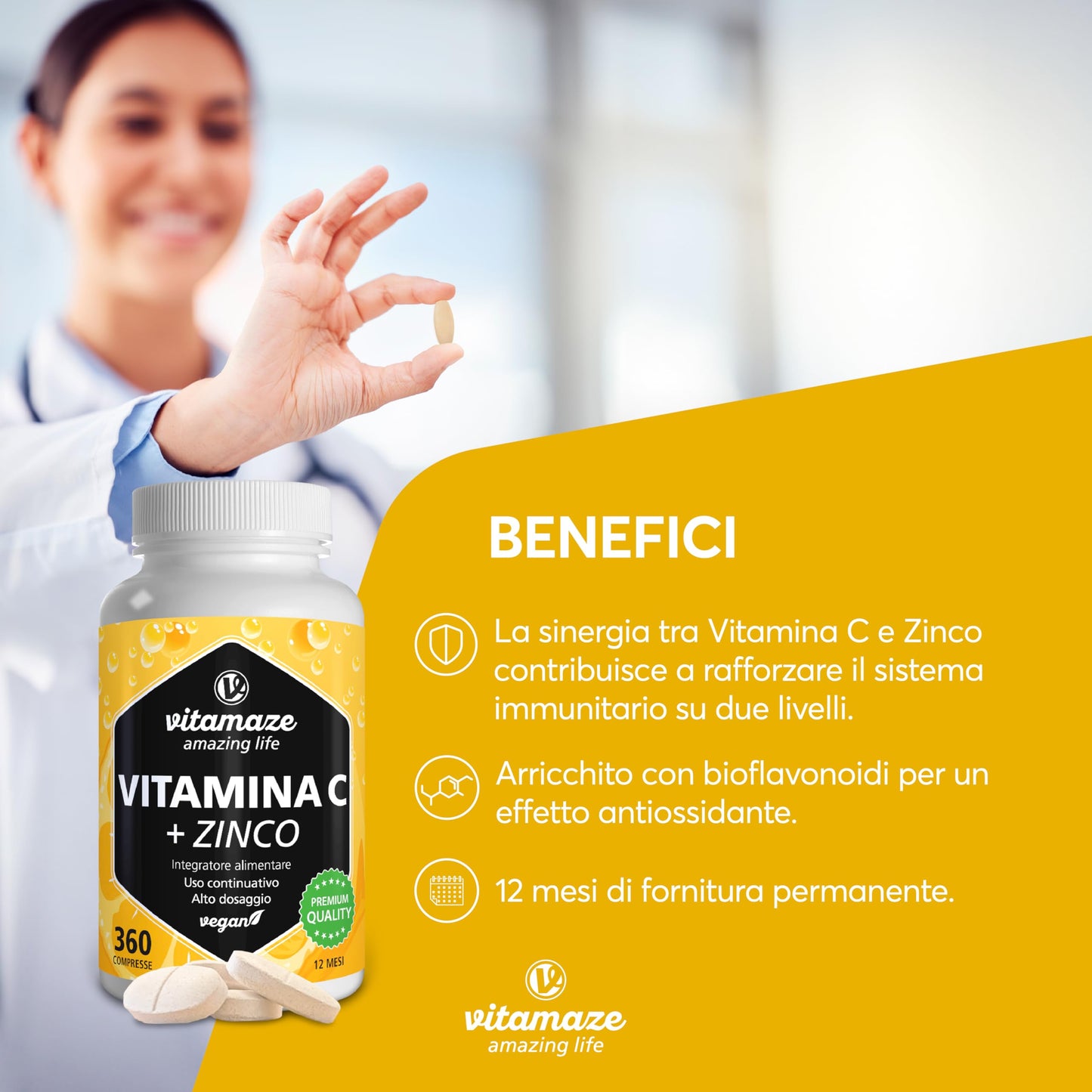 Vitamina C 1000mg (1 Anno) + Zinco + Bioflavonoidi, 360 Compresse, 1 Compresse per Giorno, Vegan Vitamina C Pura Dose Forte, Qualità Tedesca, Integratore Alimentare senza Additivi. Vitamaze®