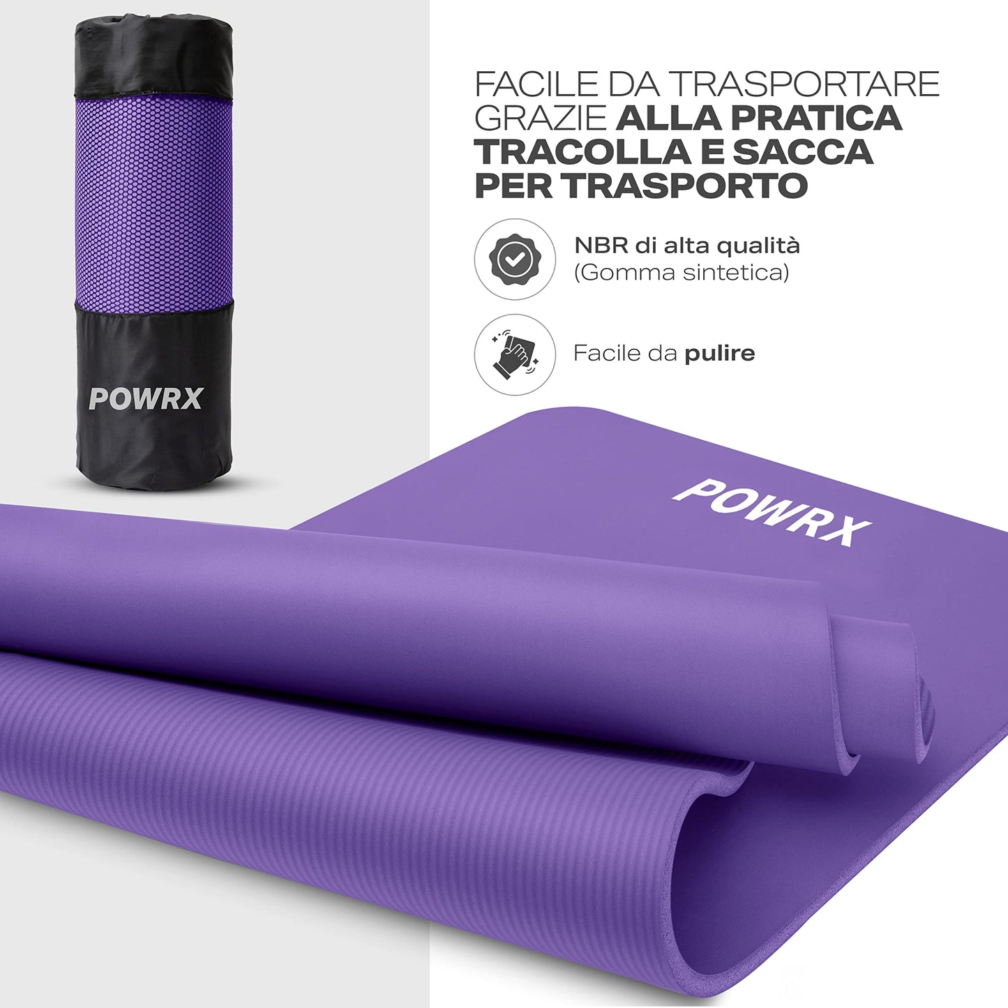 POWRX Tappetino Fitness Antiscivolo 190 x 60, 80, 100 cm - Ideale per Yoga, Pilates e Ginnastica - Extra Morbido e Spessore da 1,5 cm o 1 cm - Ecocompatibile con Tracolla e Sacca Trasporto + Poster