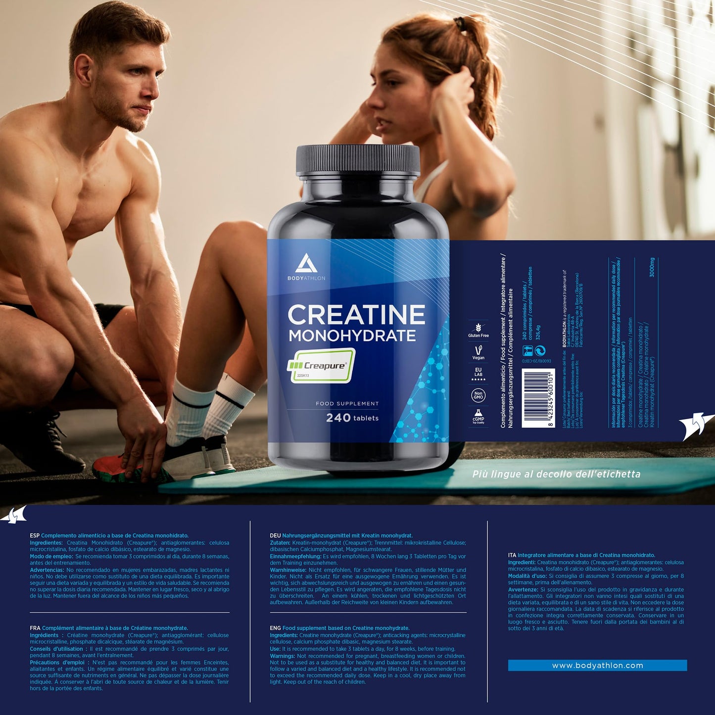 Bodyathlon- Creatina Monoidrata Creapure® 240 compresse- Creatina pura 3000mg per dose- Qualità guarantita senza additivi– Aumenta la massa musculare, forza e resistenza