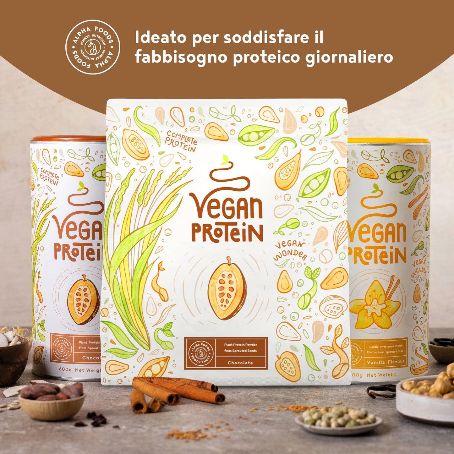 Proteine in Polvere Vegane | Gusto Cioccolato | 21g Proteine | Proteine Vegetali Isolate in Polvere di Pisello, Riso, Girasole e Soia | Massa Muscolare | 1.2kg Vegan Protein Powder | Alpha Foods