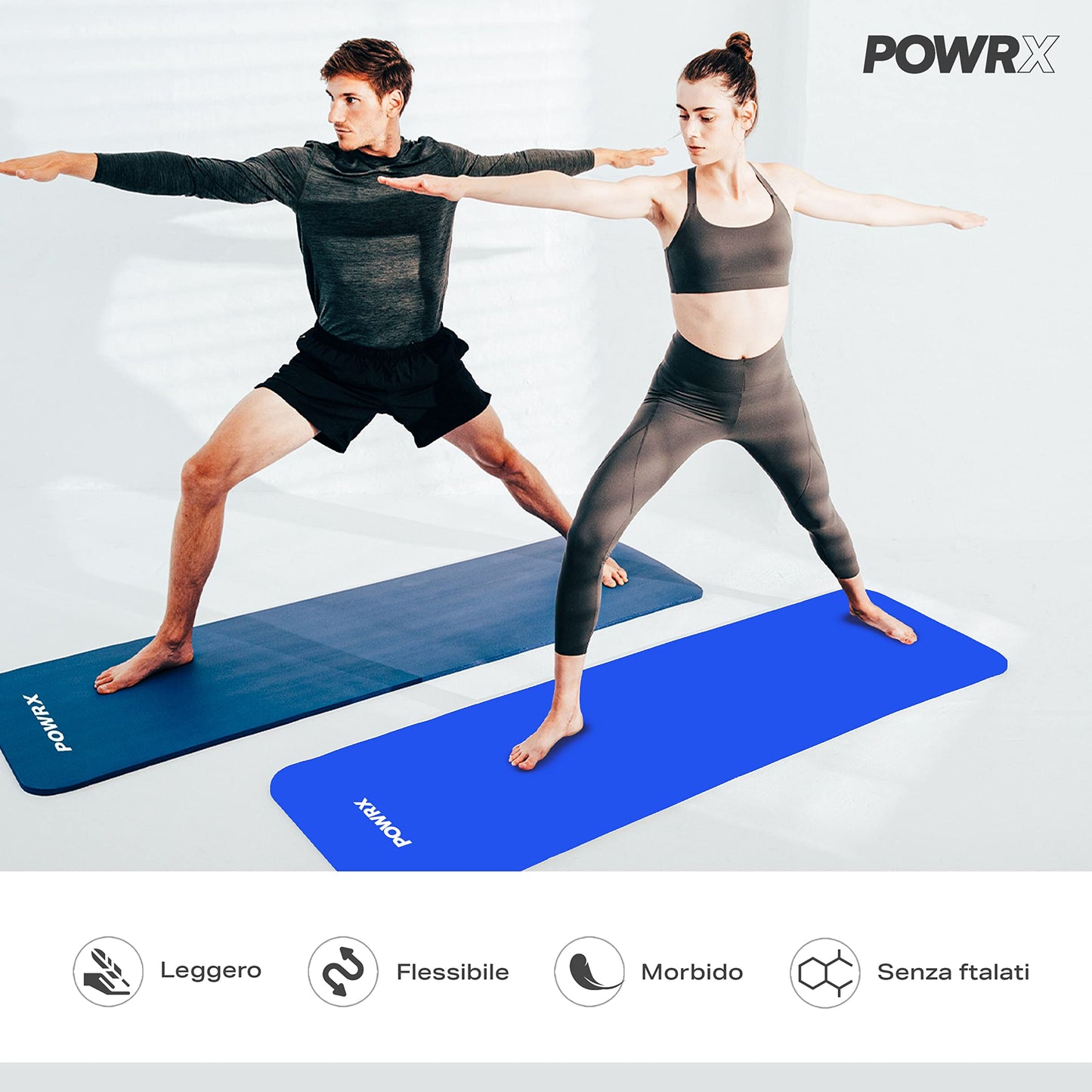 POWRX Tappetino Fitness Antiscivolo 190 x 60, 80, 100 cm - Ideale per Yoga, Pilates e Ginnastica - Extra Morbido e Spessore da 1,5 cm o 1 cm - Ecocompatibile con Tracolla e Sacca Trasporto + Poster