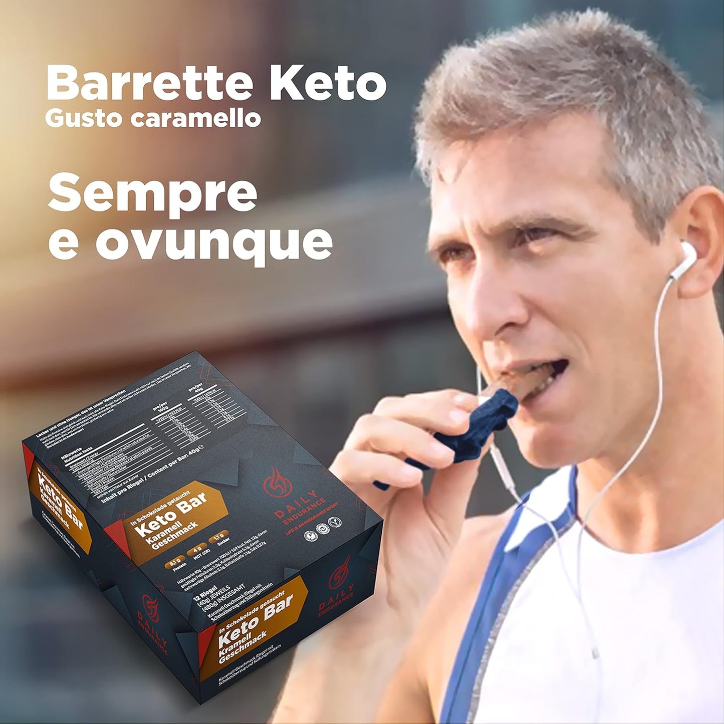 Daily Endurance | Keto Bar | 12 Barrette Proteiche Rivestite di Saccarosio | Miglior Keto in Movimento per Merendine | Barrette Low Carb, Paleo e Keto | Vegane e Sane | 480 g Caramello