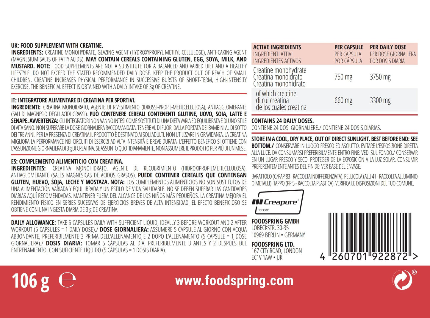 foodspring Creatina in polvere, 150 g, creatina monoidrato pura per la crescita muscolare, la forza e la resistenza, Made in Germany