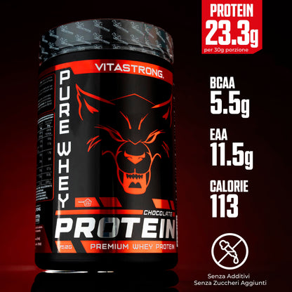 Whey Proteine in Polvere Vitastrong - Proteine del Siero del Latte Isolate e Concentrate - Alta solubilità & concentrazione 23g per dose - Whey Protein Ricco di BCAA ed EAA (Cioccolato)