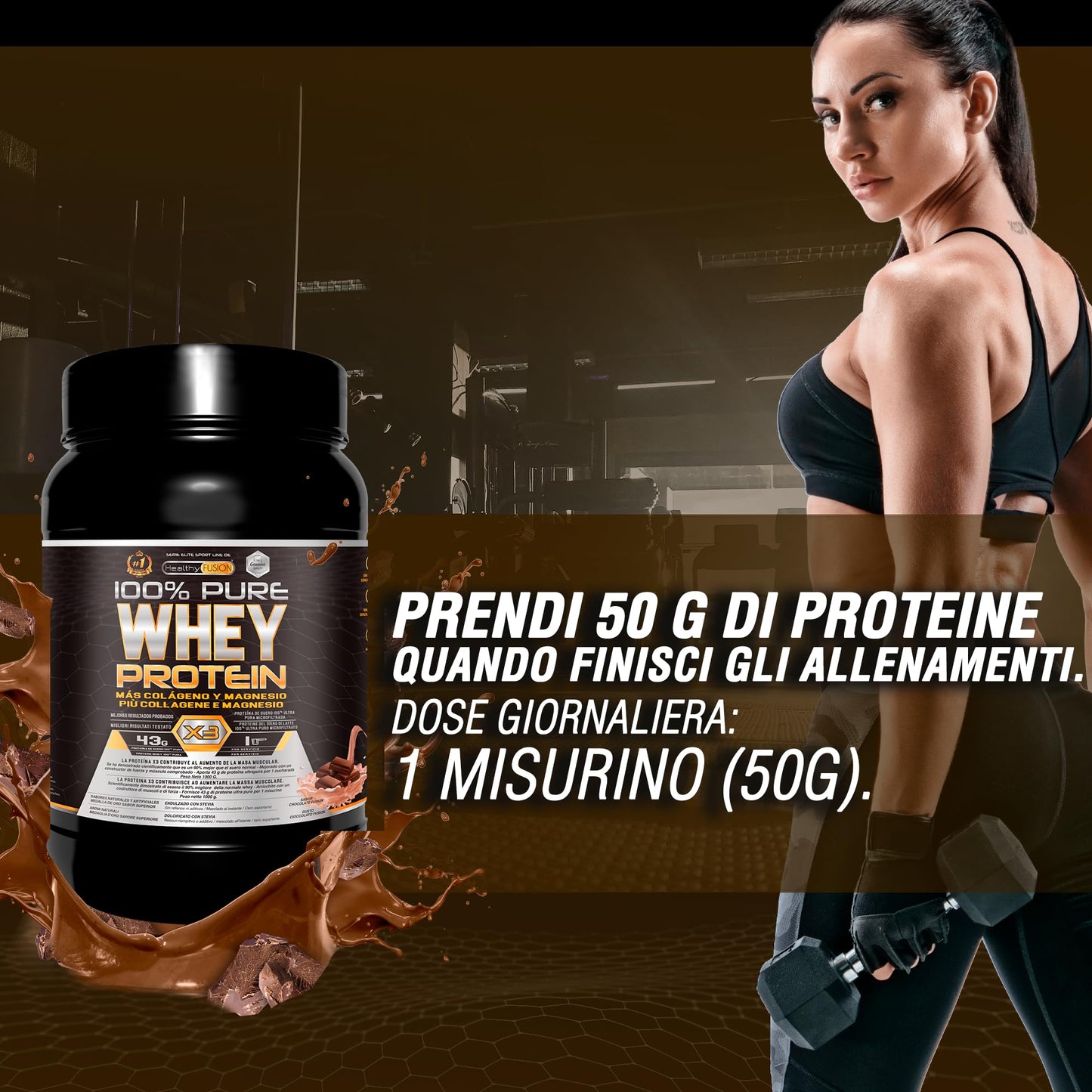 Healthy FUSION Whey protein 100% pura | Proteine whey + collagene + magnesio | Proteine del siero di latte isolate per lo sviluppo muscolare | Massa muscolare pulita | 1000 g (Cioccolato)