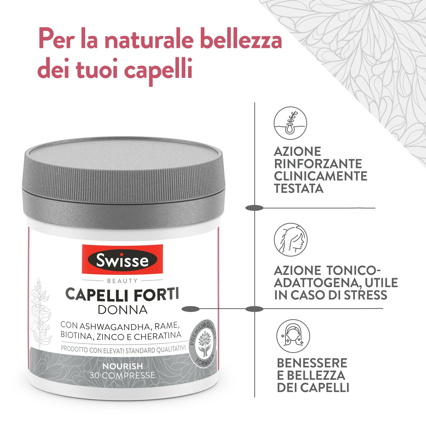 SWISSE Capelli Forti Donna - Integratori per Capelli Donna con Biotina Zinco Rame, 30 Compresse - Integratore con Cheratina per Capelli Forti ad Azione Rinforzante e Tonico-Adattogena - Made in Italy