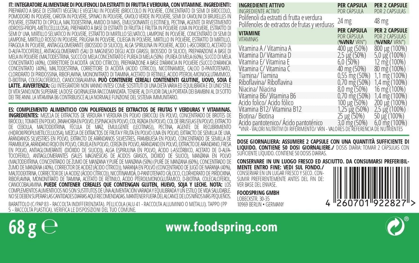 foodspring Daily Vitamins, 100 Capsule, Integratore multivitaminico di alta qualità con dose giornaliera necessaria di vitamine D, C, B12