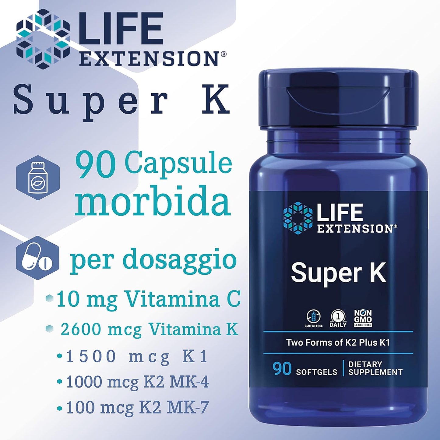 Life Extension, Super K, con MK-7, Depot, Altamente Dosato, 90 Capsule molli, Testate in Laboratorio, Senza Glutine, Senza Soia, Non OGM