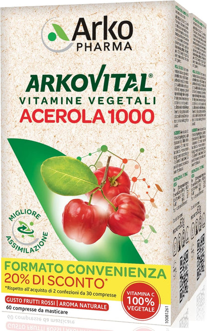 Arkopharma Arkovital Acerola 1000 - Integratore Alimentare con Vitamina C - 100% Origine Vegetale - 1 Confezione da 60 Compresse - Per tutta la Famiglia