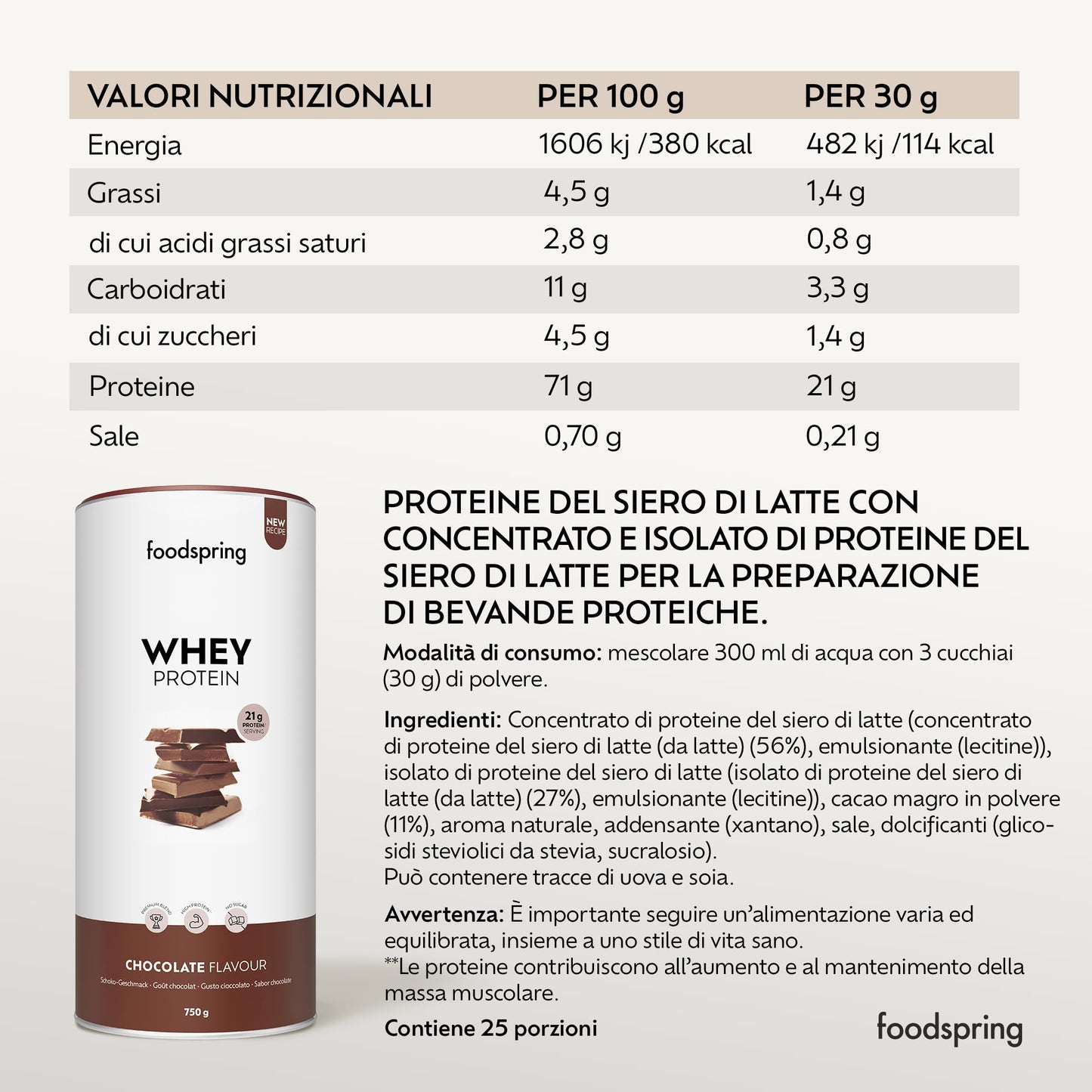 foodspring - Proteine Whey in polvere Cioccolato - Con 21 g di proteine per l'aumento muscolare, perfetta solubilità, ultra-filtrate & ricche di BCAA ed EAA - gusto pieno e delizioso (750 g)