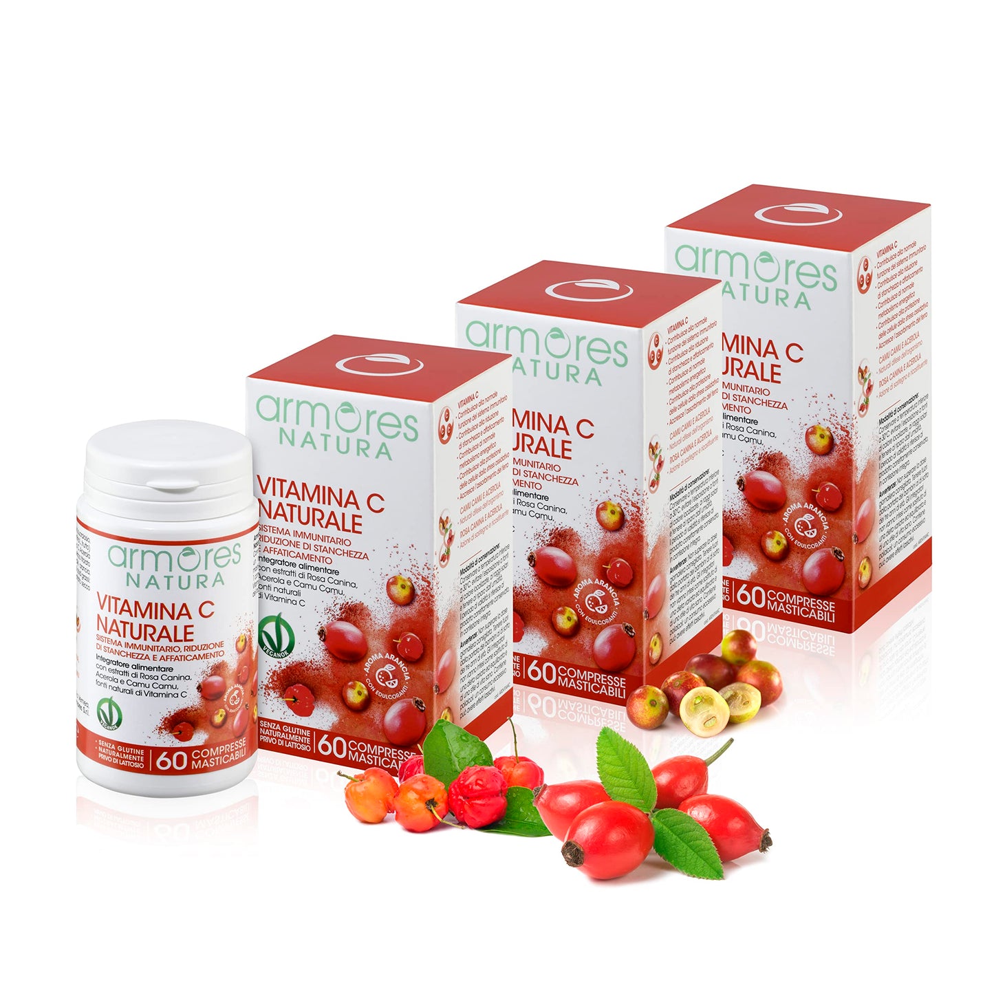 Armores Natura Integratori Alimentari, Vitamina C Naturale, Integratore a Base di Vitamina C da Acerola, Rosa Canina e Camu Camu, Aroma naturale Arancia, Vegano, 60 Compresse Masticabili