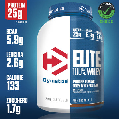 Dymatize Elite 100% Whey Rich Chocolate 2170g - Polvere ad alto contenuto di proteine e basso zuccheri del siero latte BCAA