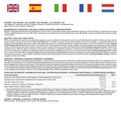 Acido Ialuronico ad Alto Dosaggio Puro + Coenzima Q10, Capsule Vegan per un Trattamento di 2 Mesi, Micromolecule 500-700 kDa, Qualità Tedesca, Integratore Alimentare senza Additivi