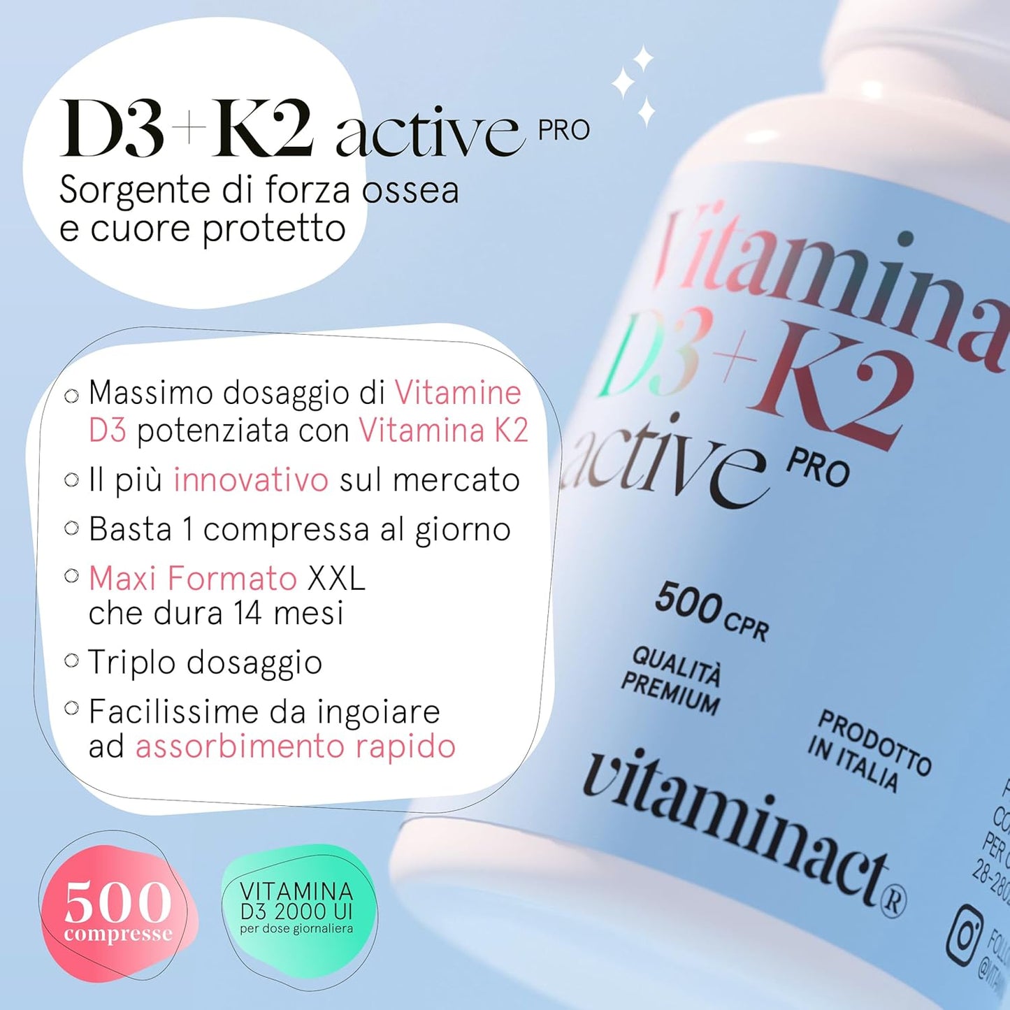 Vitamina D3 K2 (Dura 1 anno e 4 mesi) 500 Compresse Super Assorbibili Grazie al Processo Avanzato di Micronizzazione, Vitamina D3 2000 UI – Massimo Dosaggio di Vitamine in Commercio,