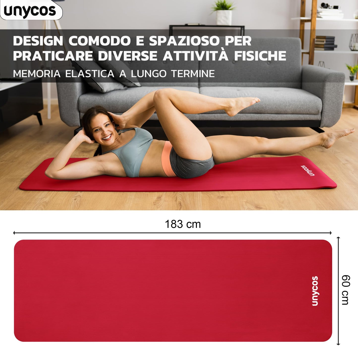 unycos - Tappetino Antiscivolo da Yoga, Pilates e Ginnastica Extra Spesso 10/15 mm, 183x60 cm, Materassino Fitness con Schiuma NBR Confortevole, Tracolla, Borsa ed E-Book di 50 Esercizi