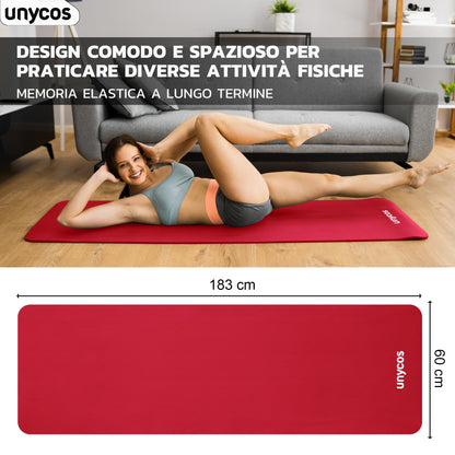 unycos - Tappetino Antiscivolo da Yoga, Pilates e Ginnastica Extra Spesso 10/15 mm, 183x60 cm, Materassino Fitness con Schiuma NBR Confortevole, Tracolla, Borsa ed E-Book di 50 Esercizi