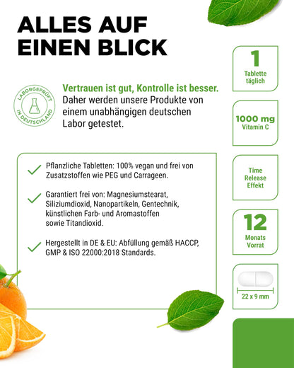 Vitamina C 1000mg - 365 compresse in un anno di fornitura - Effetto Rilasciato nel Tempo - Vitamina C + Estratto di Rosa Canina + Bioflavonoidi di Agrumi - Vegan - Altamente Dosato