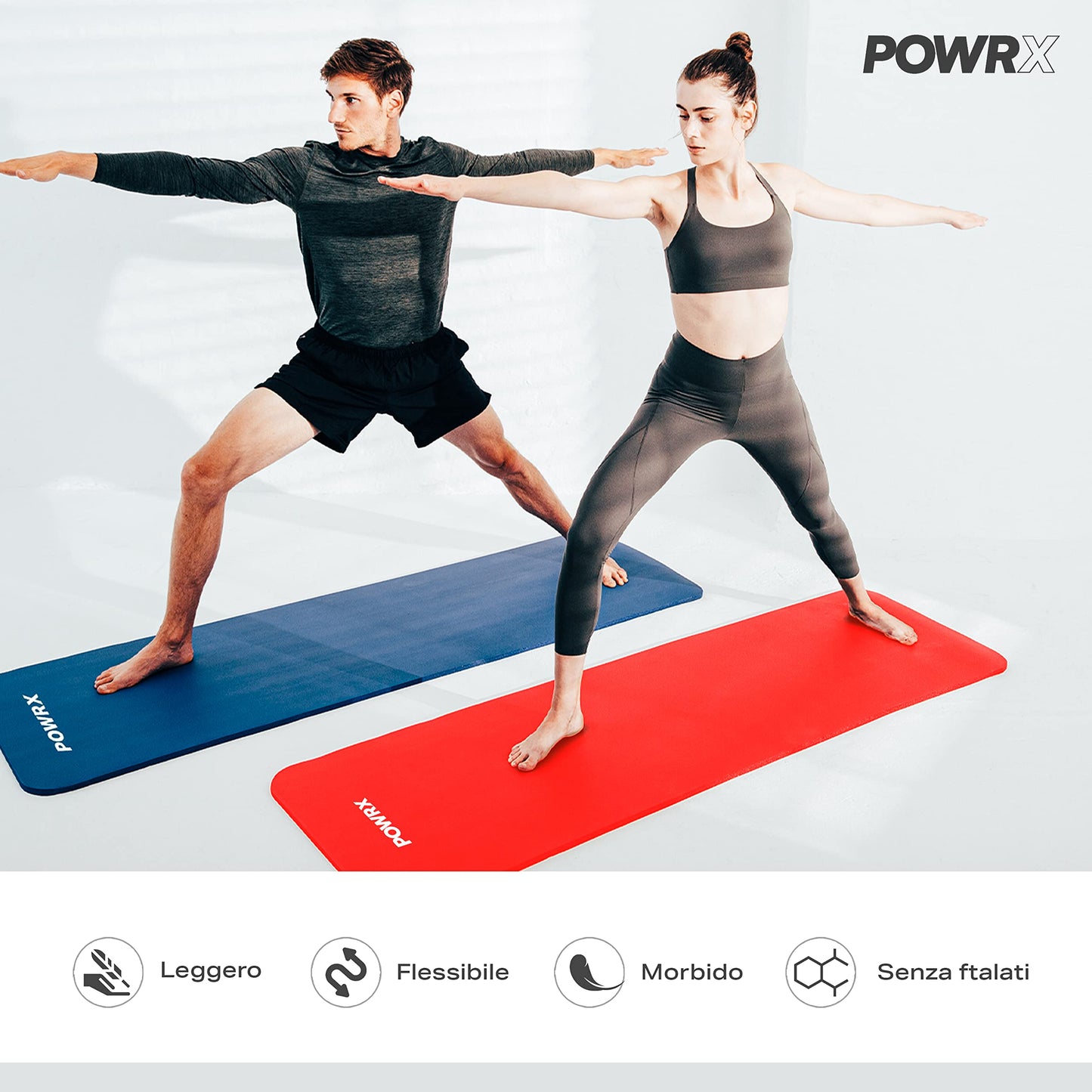 POWRX Tappetino Fitness Antiscivolo 190 x 60, 80, 100 cm - Ideale per Yoga, Pilates e Ginnastica - Extra Morbido e Spessore da 1,5 cm o 1 cm - Ecocompatibile con Tracolla e Sacca Trasporto + Poster