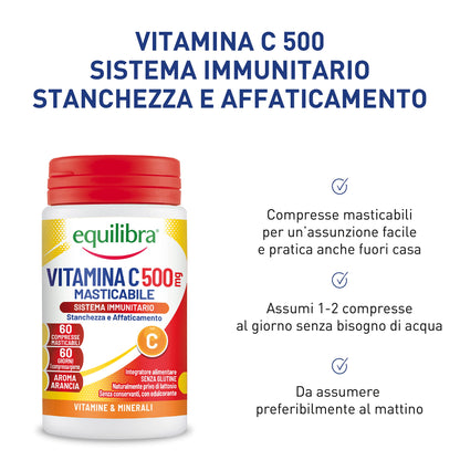 equilibra Integratori Alimentari, Vitamina C 500 mg, Integratore per la Normale Funzione del Sistema Immunitario, Riduce Stanchezza e Affaticamento, Aroma Arancia, 60 Compresse Masticabili