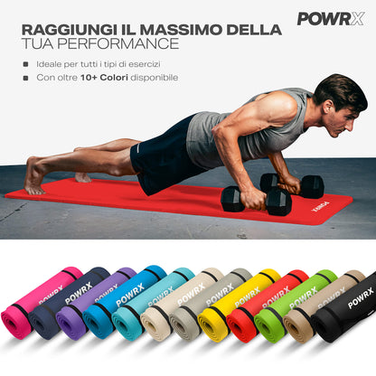 POWRX Tappetino Fitness Antiscivolo 190 x 60, 80, 100 cm - Ideale per Yoga, Pilates e Ginnastica - Extra Morbido e Spessore da 1,5 cm o 1 cm - Ecocompatibile con Tracolla e Sacca Trasporto + Poster