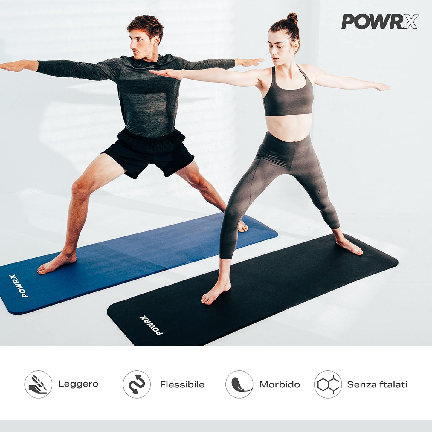 POWRX Tappetino Fitness Antiscivolo 190 x 60, 80, 100 cm - Ideale per Yoga, Pilates e Ginnastica - Extra Morbido e Spessore da 1,5 cm o 1 cm - Ecocompatibile con Tracolla e Sacca Trasporto + Poster